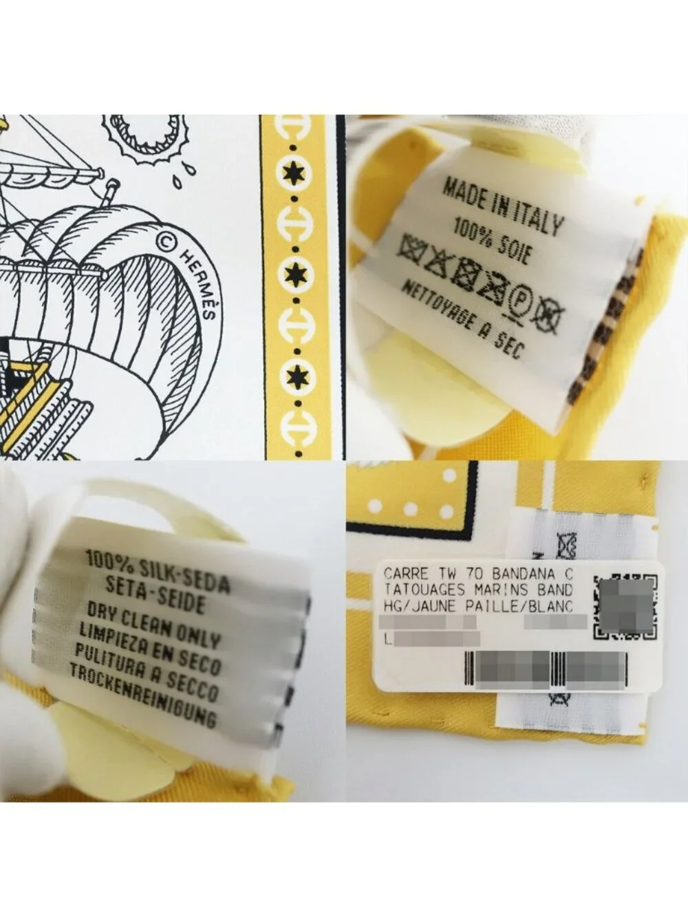 Hermes Heaven Carre 70 Cloete Sailor Tattoo Bandana Scarf Silk Yellow White